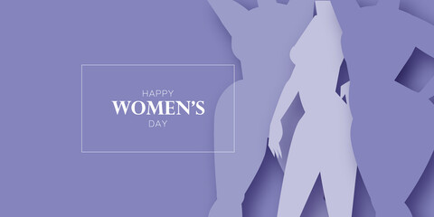 Free women of different cultures dancing together. Women's friendship. Happy Women's day. Mother's Day. Venera, Venus female paper cut style. Bodypositive. Purple. Veri pery.
