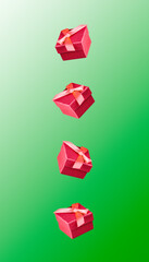 Red presents falling on a green background
