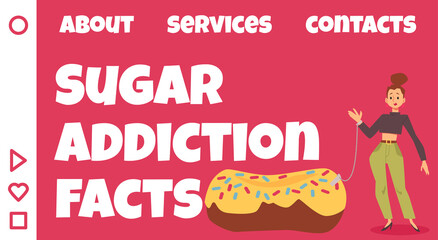 Sugar addiction facts website banner template, flat vector illustration.