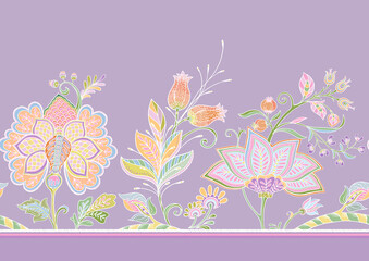 Seamless pattern with stylized ornamental flowers in retro, vintage style. Jacobin embroidery. Colored vector illustration on soft violet background.