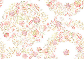 Fototapeta na wymiar A lot of different fantasy flowers. Millefleurs trendy floral design. Blooming midsummer meadow seamless pattern. Seamless pattern, background. Vector illustration. Gradients colors