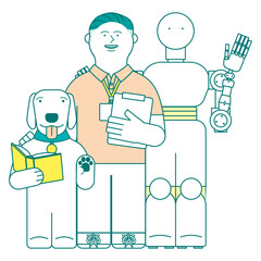 犬とロボットと開発者の男性
