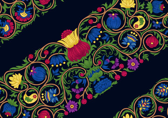 Fantasy flowers in retro, vintage, embroidery style. Seamless pattern, background. Colored vector illustration.