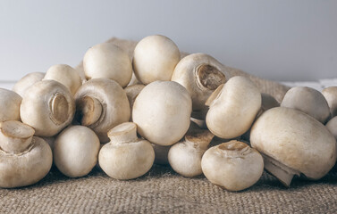 edible mushrooms champignons on the background of burlap