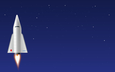 Space shuttle rocket launch in the night, 3D realistic vector illustration. Spaceship fly vertical, horizontal banner.