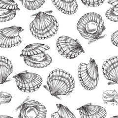 Seamless pattern with scallops mollusks in shells, engraving vector illustration.