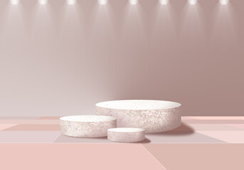 White stone group podium. Cosmetic display product stand background. Brown and beige minimalistic backdrop. 3D rendering