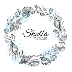 Vintage sea shells banner layout with circle frame, etched vector illustration.