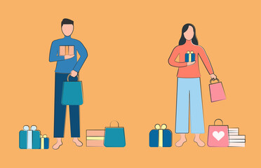 Girl and Men Holding Presents vector icon illustration flat style on white background for web, landing page, banner, sticker, ads, advertisement, flier