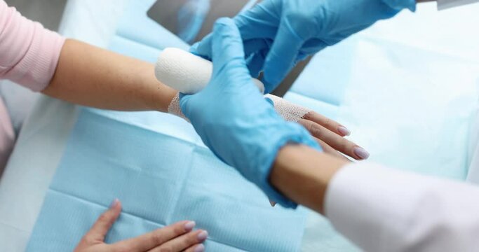 Traumatologist bandages patient sore arm