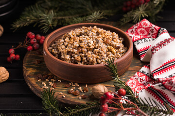 Kutya. Traditional Christmas slavic dish kutia porridge made of wheat grains, poppy seed, nuts, raisins and honey. Eastern Orthodox Christians in Ukraine, Belarus and Russia.