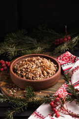 Kutya. Traditional Christmas slavic dish kutia porridge made of wheat grains, poppy seed, nuts, raisins and honey. Eastern Orthodox Christians in Ukraine, Belarus and Russia.