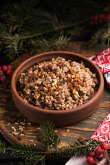 Kutya. Traditional Christmas slavic dish kutia porridge made of wheat grains, poppy seed, nuts, raisins and honey. Eastern Orthodox Christians in Ukraine, Belarus and Russia.