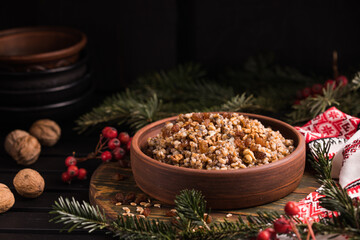 Kutya. Traditional Christmas slavic dish kutia porridge made of wheat grains, poppy seed, nuts, raisins and honey. Eastern Orthodox Christians in Ukraine, Belarus and Russia.
