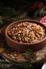 Kutya. Traditional Christmas slavic dish kutia porridge made of wheat grains, poppy seed, nuts, raisins and honey. Eastern Orthodox Christians in Ukraine, Belarus and Russia.