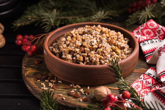 Kutya. Traditional Christmas slavic dish kutia porridge made of wheat grains, poppy seed, nuts, raisins and honey. Eastern Orthodox Christians in Ukraine, Belarus and Russia.