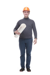 in full growth. confident male architect with drawings.