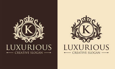 Luxury logo monogram crest template design vector illustration. Royal brand vintage vignette ornaments.