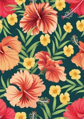 Foto op Aluminium Seamless pattern of hibiscus flower with leaf background template. Vector set of floral element for tropical print, wedding invitations, greeting card, brochure, banners and fashion design. © mamsizz