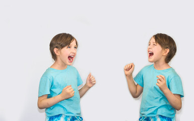 two photographs of one singing boy in a blue t-shirt and blue shorts on a blue background