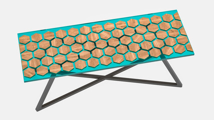 Table made of green epoxy resin with wooden hexagonal elements. 3D rendering