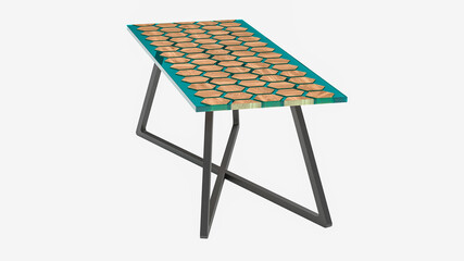 Table made of green epoxy resin with wooden hexagonal elements. 3D rendering