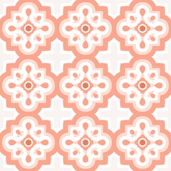 Ceramic geometric tiles seamless pattern. Kitchen pottery design, Italian, Moroccan artwork. Simple background in pink and coral colors. Vector floor decorative illustration.