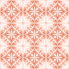 Stof per meter Ceramic tile seamless pattern. Abstract floral patchwork ornaments, Moroccan, Portuguese tiles, Azulejo in pink pastel colors. Majolica design, decorative background, vector illustration. © Marina