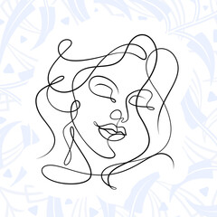 International Women's Day minimal design line drawing style. Portrait of young woman beauty face isolated on pastel leaf background. Vector for Spa, fashion, hairdressing and beautiful artwork design.