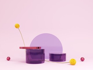 Premium podium, stand, platform with flowers and violet elements for advertising products - 3D render. Mock up for presentation, therapy, relaxation and health. Composition of geometric objects.