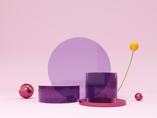 Premium podium, stand, platform with flowers and violet elements for advertising products - 3D render. Mock up for presentation, therapy, relaxation and health. Composition of geometric objects.