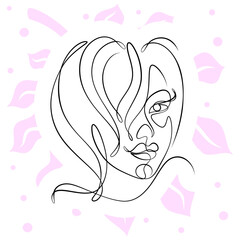 International Women's Day minimal design line drawing style. Portrait of young woman beauty face isolated on pink leaf background. Vector for Spa, fashion, hairdressing and beautiful artwork design.