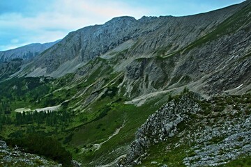 Fototapeta na wymiar Austrian Alps - view from the footpath of the Schafkögel to the Schrocken mountain near Hinterstoder in Totes Gebirge