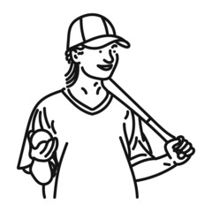 black line art of a stylish posing woman playing baseball
