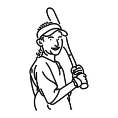 black line art of a stylish posing woman playing baseball
