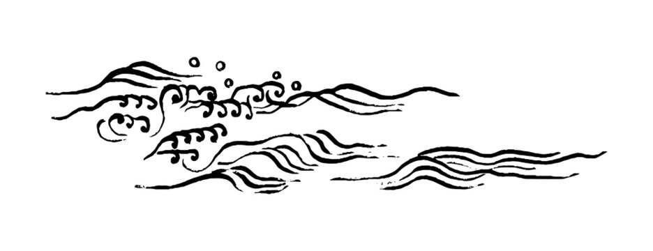 モノクロ和風イラスト 墨筆の細い繊細な波 横長のデザイン デフォルメ 海 毛筆 水しぶき 線画 渦 Stock Vektorgrafik Adobe Stock