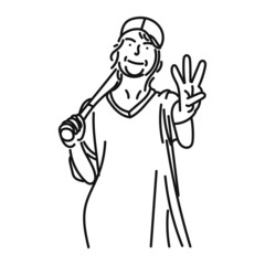 black line art of a stylish posing woman playing baseball