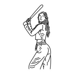 black line art of a stylish posing woman playing baseball