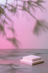 Abstract surreal scene - empty stage with square white podium on pastel neon pastel pink colored...