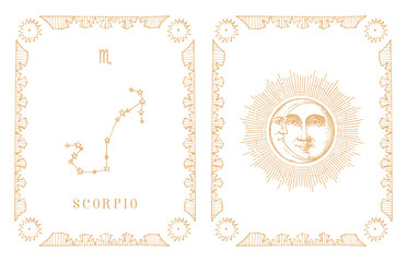 Scorpio zodiac constellation, old card in vector.