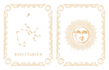 Sagittarius zodiac stars, vintage card in vector.