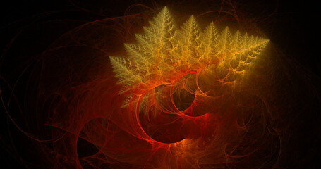 Colorful shiny red and yellow shapes on black background.Fantastic light effect. Digital fractal art. 3d rendering.