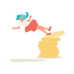 Female investor falls from a stack of coins. Finance decrease and business crisis