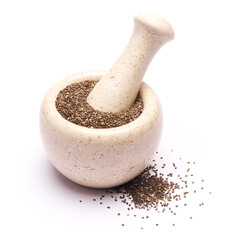 Stone mortar full of organic natural chia seeds close-up isolated on white background