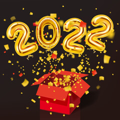 Happy New Year 2022 realistic golden decoration balloons. Gold foil numbers 3d Happy New Year, shine party festive background, confetti, glitter. Vector festive poster, banner cover card, flyer