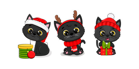Set of Christmas cat, Merry Christmas illustration of cute black  cat with accessories, hat, scarv and gifts