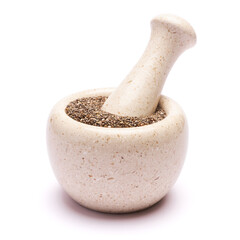 Stone mortar full of organic natural chia seeds close-up isolated on white background