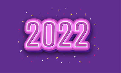 3D Render 2022 Number In Sticker Style With Confetti On Purple Background.