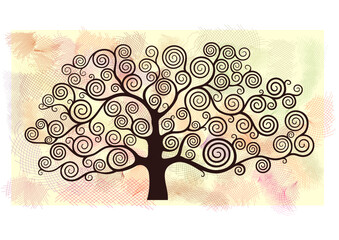 A tree with spiral branches and a background shaded with different colors