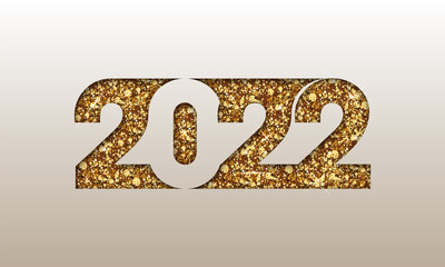 Paper Cut 2022 Number With Golden Glitter On Beige Background For Happy New Year Concept.